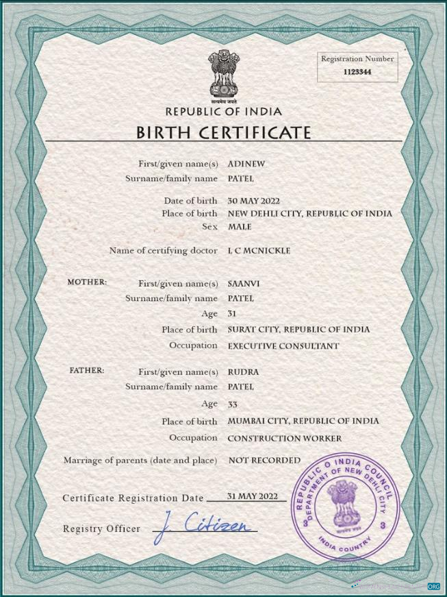 Премиум Скачать Индия Vital Record Birth Certificate PSD Шаблон Photoshop Шаблон