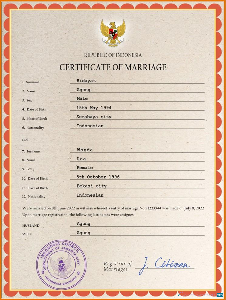 Реалистичный Скачать Индонезия Marriage Certificate PSD Шаблон Photoshop Шаблон