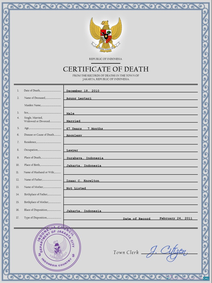 Премиум Скачать Индонезия Vital Record Death Certificate PSD Шаблон Photoshop Шаблон