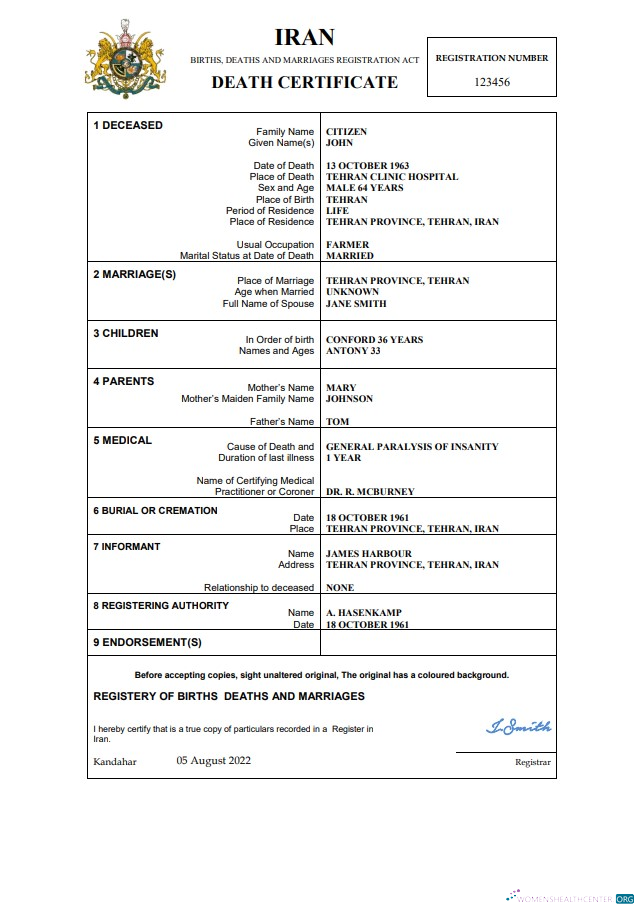 Реалистичный Скачать Иран Death Certificate Word и PDF Шаблон Photoshop Шаблон