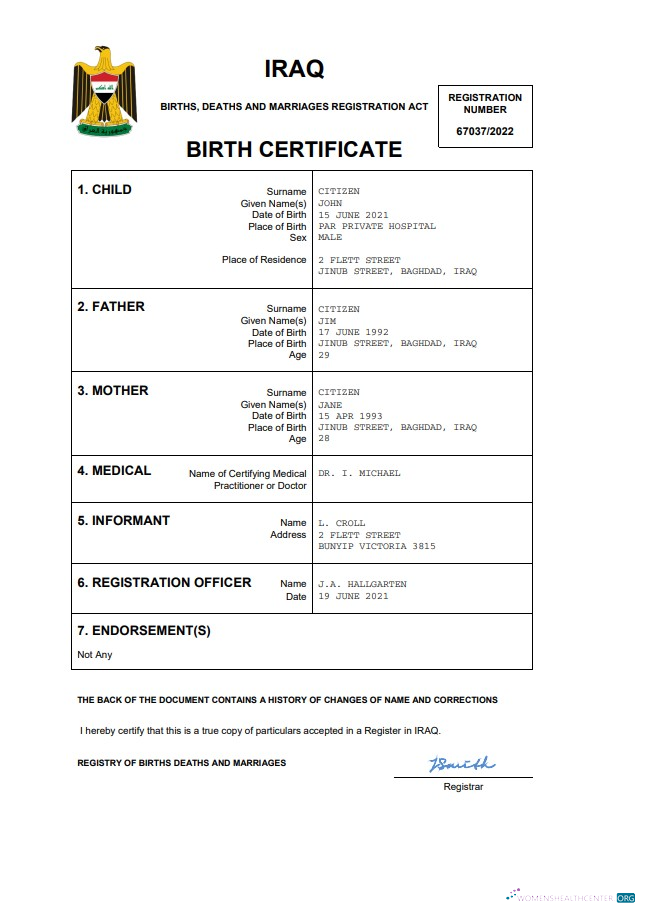 Качественный Скачать Ирак Birth Certificate Word и PDF Шаблон Photoshop Шаблон