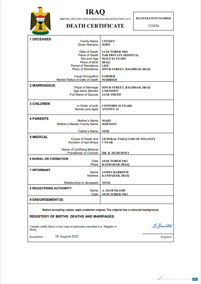 Редактируемый Скачать Ирак Vital Record Death Certificate Word и PDF Шаблон Photoshop Шаблон
