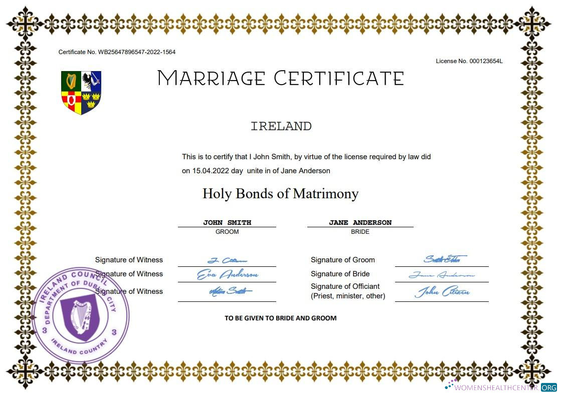 Качественный Скачать Ирландия Marriage Certificate Word и PDF Шаблон Photoshop Шаблон