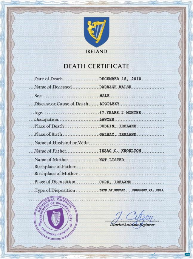 Реалистичный Скачать Ирландия Vital Record Death Certificate PSD Шаблон Photoshop Шаблон