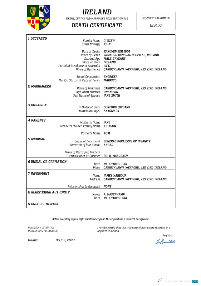 Качественный Скачать Ирландия Vital Record Death Certificate Word и PDF Шаблон Photoshop Шаблон