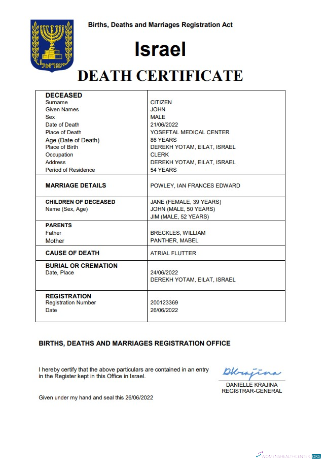 Редактируемый Скачать Израиль Death Certificate Word и PDF Шаблон Photoshop Шаблон