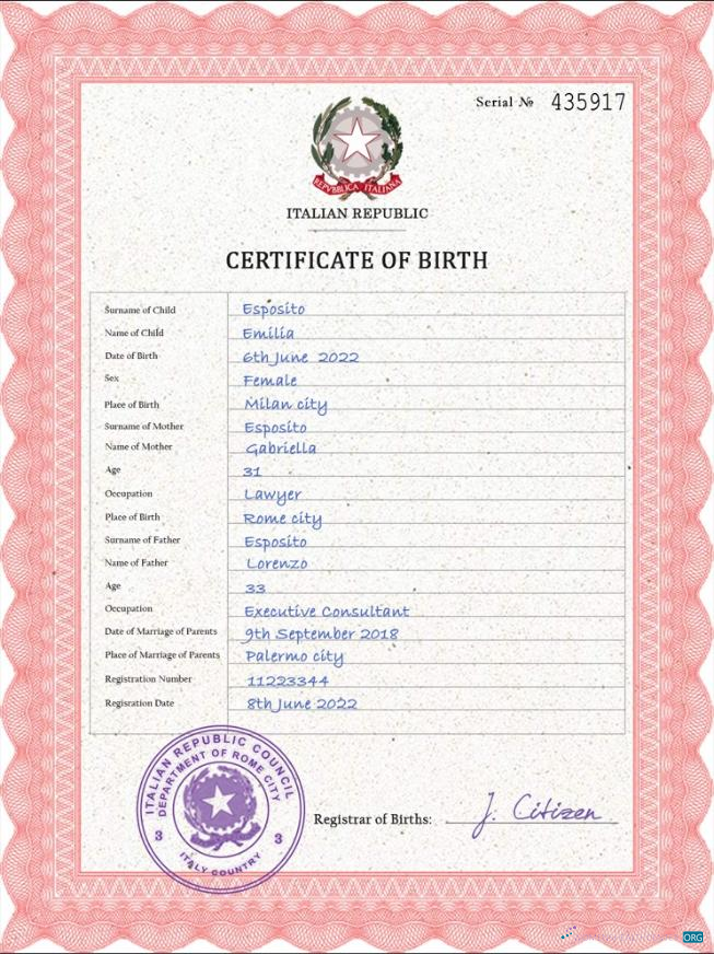 Качественный Скачать Италия Birth Certificate PSD Шаблон Photoshop Шаблон