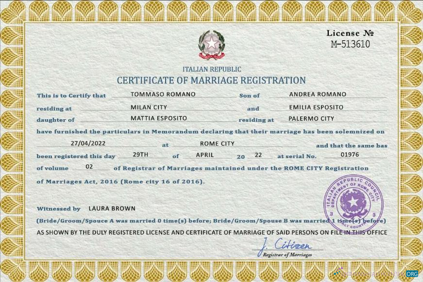 Премиум Скачать Италия Marriage Certificate PSD Шаблон Photoshop Шаблон