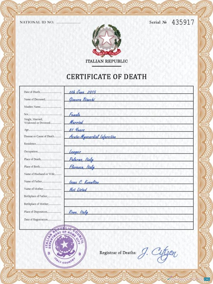 Редактируемый Скачать Италия Vital Record Death Certificate PSD Шаблон Photoshop Шаблон