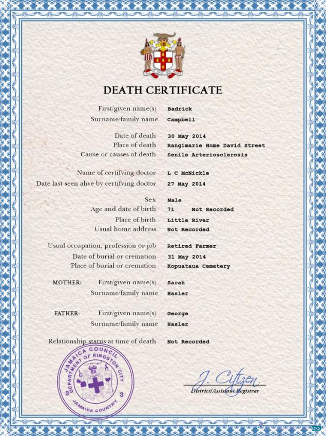 Профессиональный Скачать Ямайка Death Certificate PSD Шаблон Photoshop Шаблон