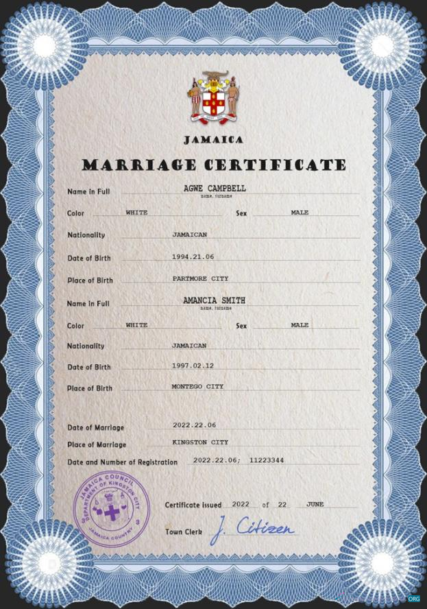 Редактируемый Скачать Ямайка Marriage Certificate PSD Шаблон Photoshop Шаблон