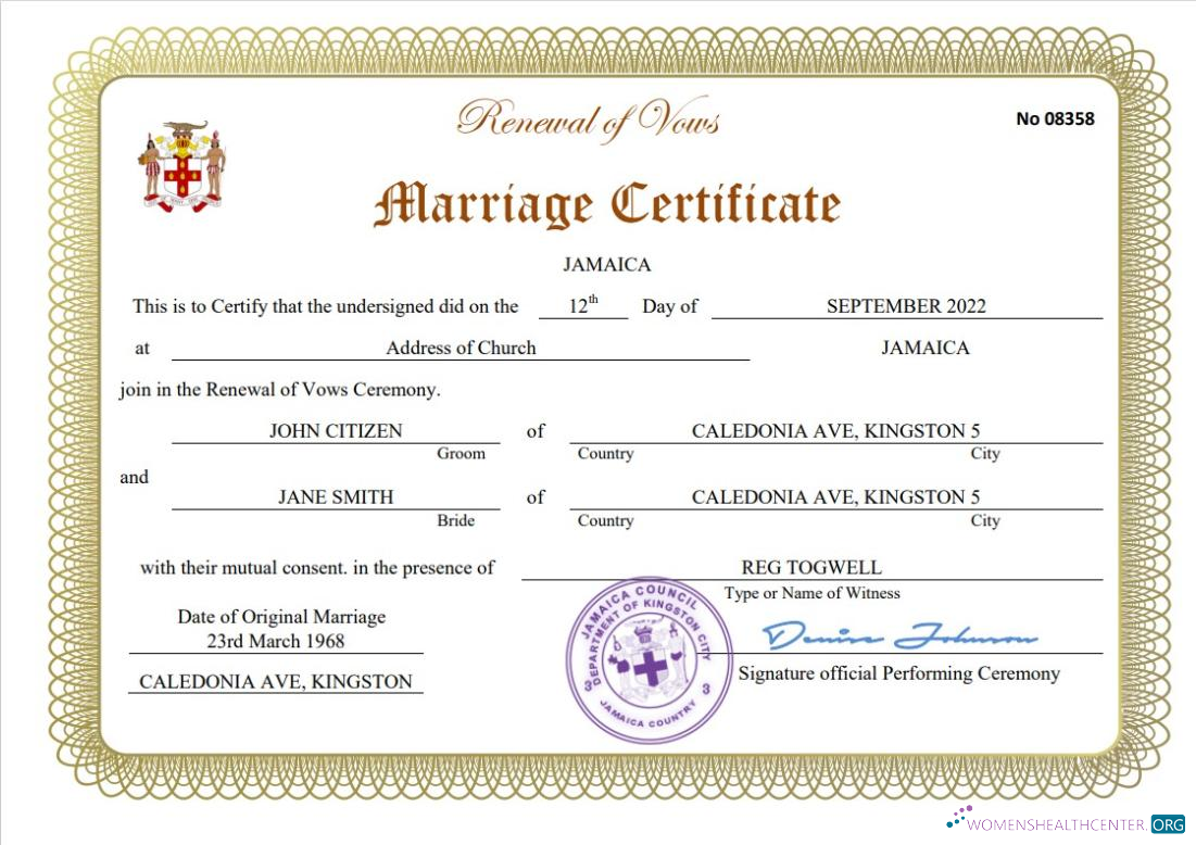 Реалистичный Скачать Ямайка Marriage Certificate Word и PDF Шаблон Photoshop Шаблон