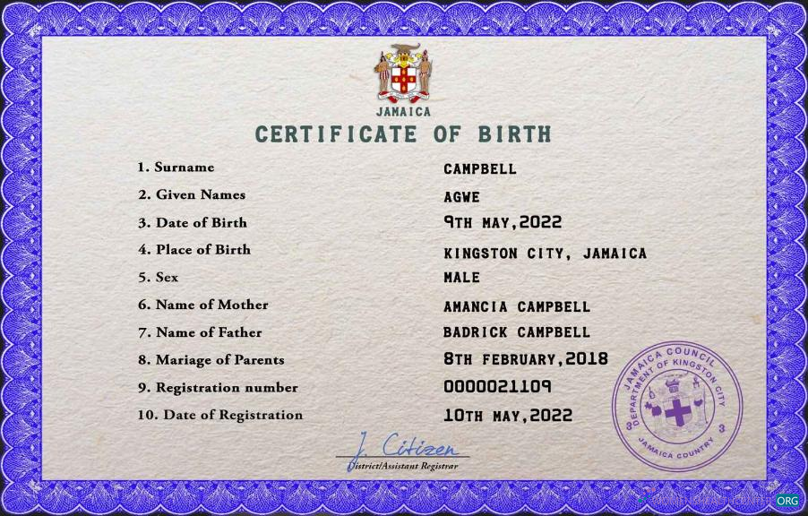 Редактируемый Скачать Ямайка Vital Record Birth Certificate PSD Шаблон Photoshop Шаблон