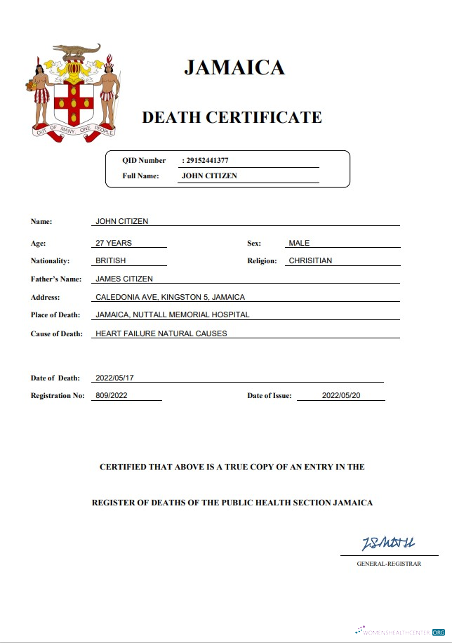 Реалистичный Скачать Ямайка Vital Record Death Certificate Word и PDF Шаблон Photoshop Шаблон