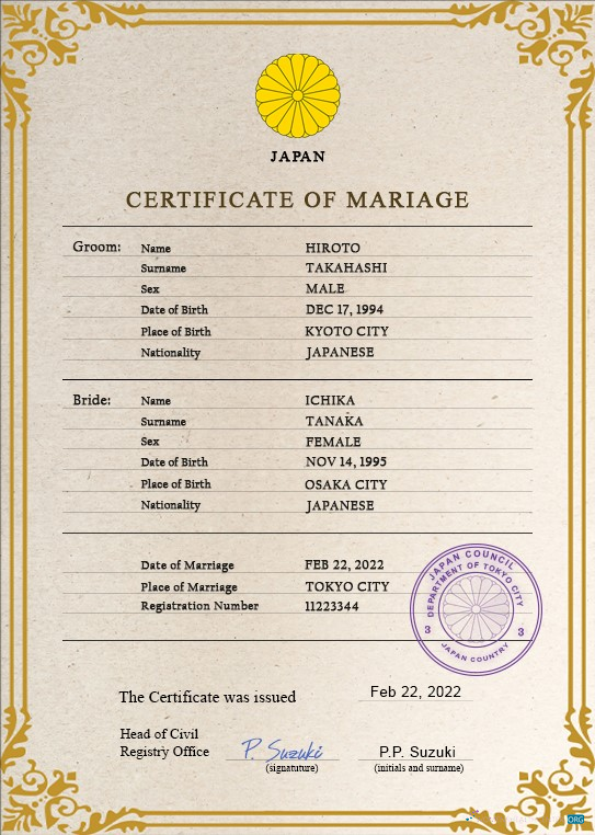 Профессиональный Скачать Япония Marriage Certificate PSD Шаблон Photoshop Шаблон