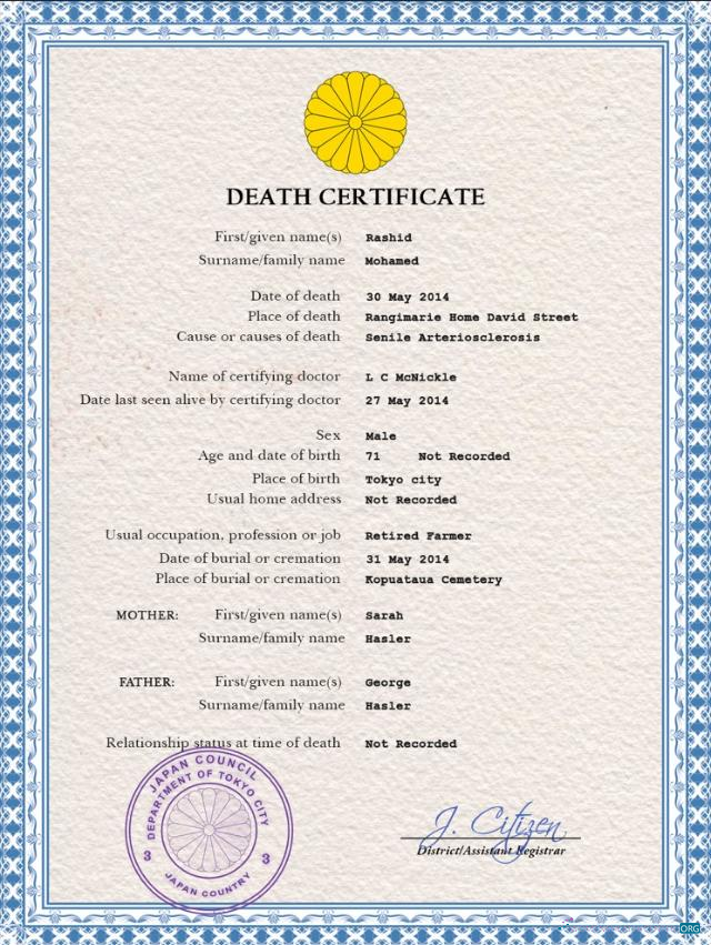Редактируемый Скачать Япония Vital Record Death Certificate PSD Шаблон Photoshop Шаблон
