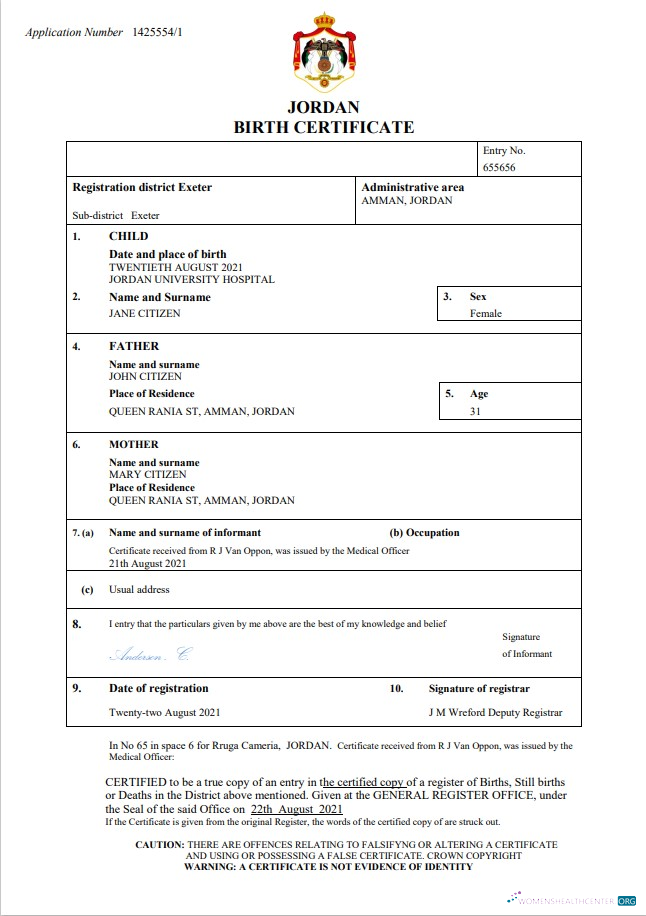 Качественный Скачать Иордания Birth Certificate Word и PDF Шаблон Photoshop Шаблон