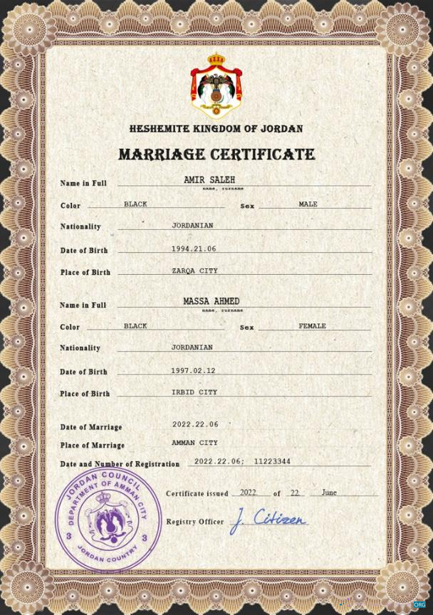 Редактируемый Скачать Иордания Marriage Certificate PSD Шаблон Photoshop Шаблон