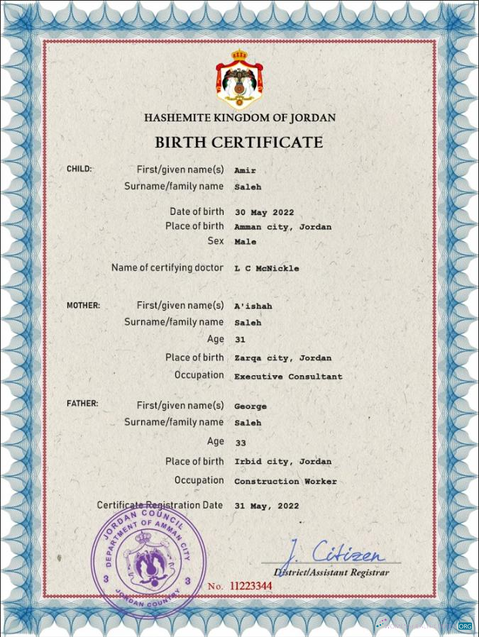Реалистичный Скачать Иордания Vital Record Birth Certificate PSD Шаблон Photoshop Шаблон