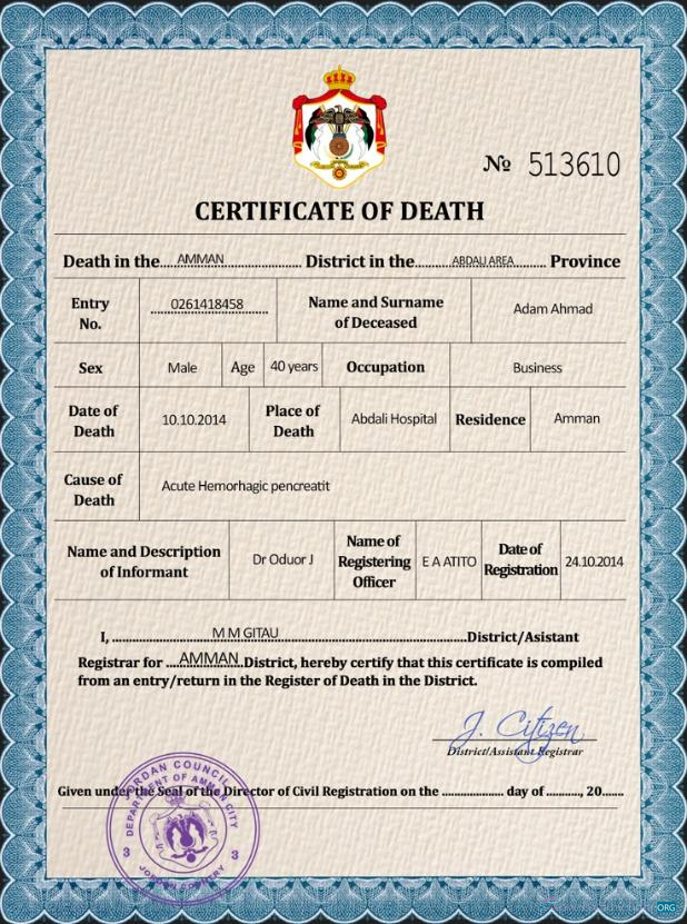 Реалистичный Скачать Иордания Vital Record Death Certificate PSD Шаблон Photoshop Шаблон