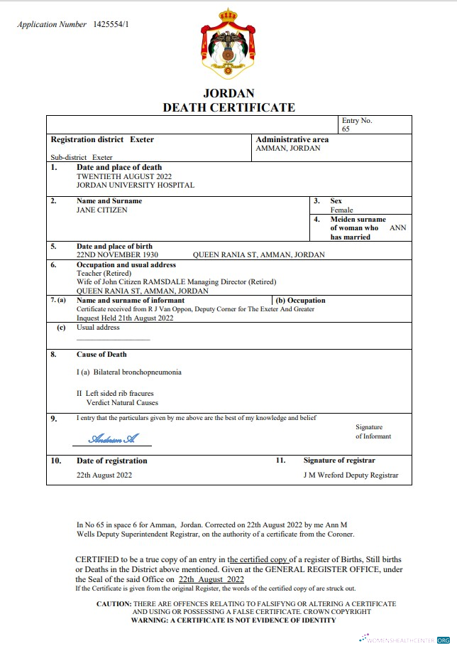 Редактируемый Скачать Иордания Vital Record Death Certificate Word и PDF Шаблон Photoshop Шаблон