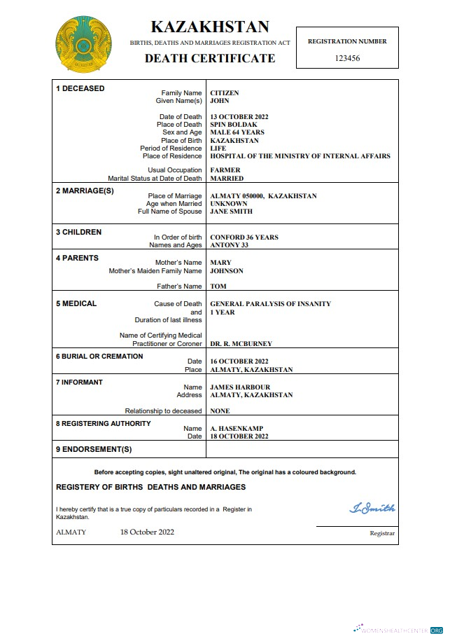 Премиум Скачать Казахстан Death Certificate Word и PDF Шаблон Photoshop Шаблон