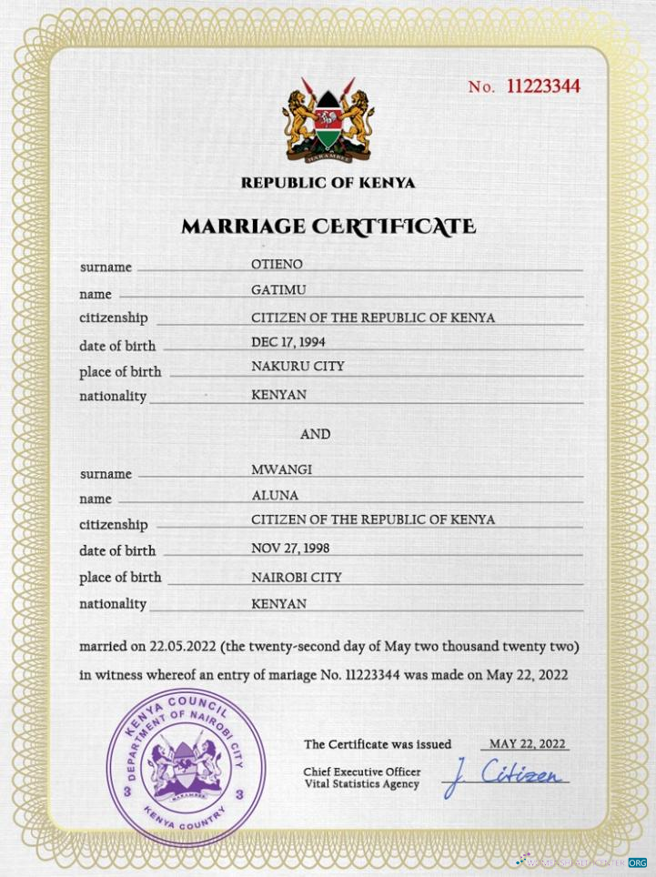 Реалистичный Скачать Кения Marriage Certificate PSD Шаблон Photoshop Шаблон