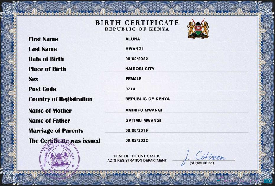 Профессиональный Скачать Кения Vital Record Birth Certificate PSD Шаблон Photoshop Шаблон