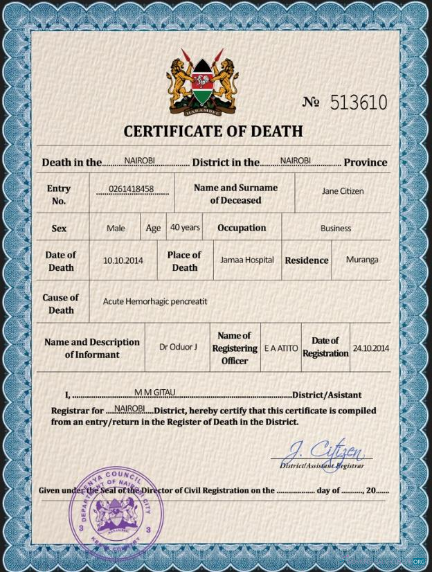 Качественный Скачать Кения Vital Record Death Certificate PSD Шаблон Photoshop Шаблон