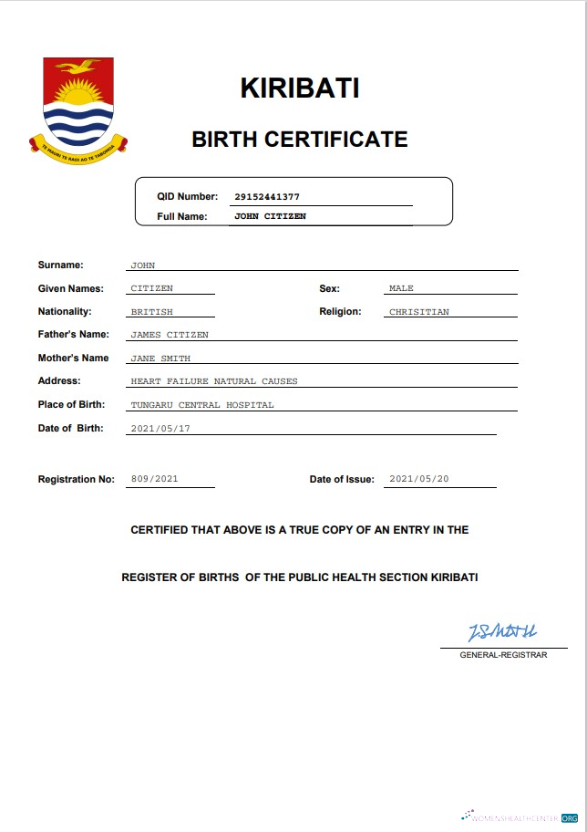 Реалистичный Скачать Кирибати Birth Certificate Word и PDF Шаблон Photoshop Шаблон
