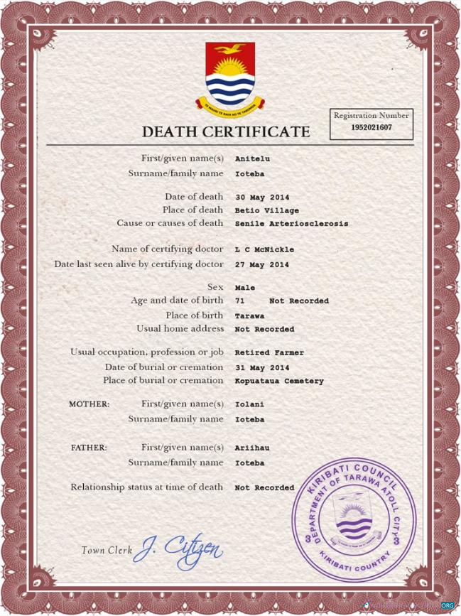 Профессиональный Скачать Кирибати Death Certificate PSD Шаблон Photoshop Шаблон