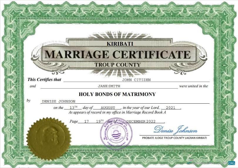 Редактируемый Скачать Кирибати Marriage Certificate Word и PDF Шаблон Photoshop Шаблон