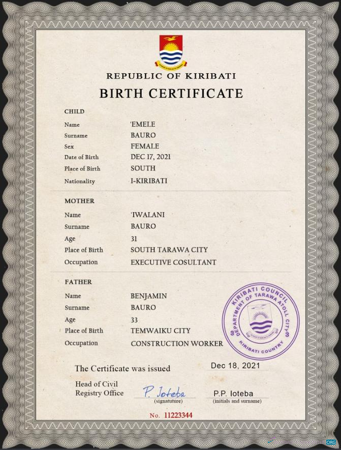 Редактируемый Скачать Кирибати Vital Record Birth Certificate PSD Шаблон Photoshop Шаблон
