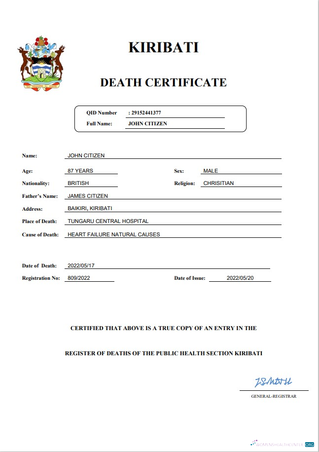 Профессиональный Скачать Кирибати Vital Record Death Certificate Word и PDF Шаблон Photoshop Шаблон