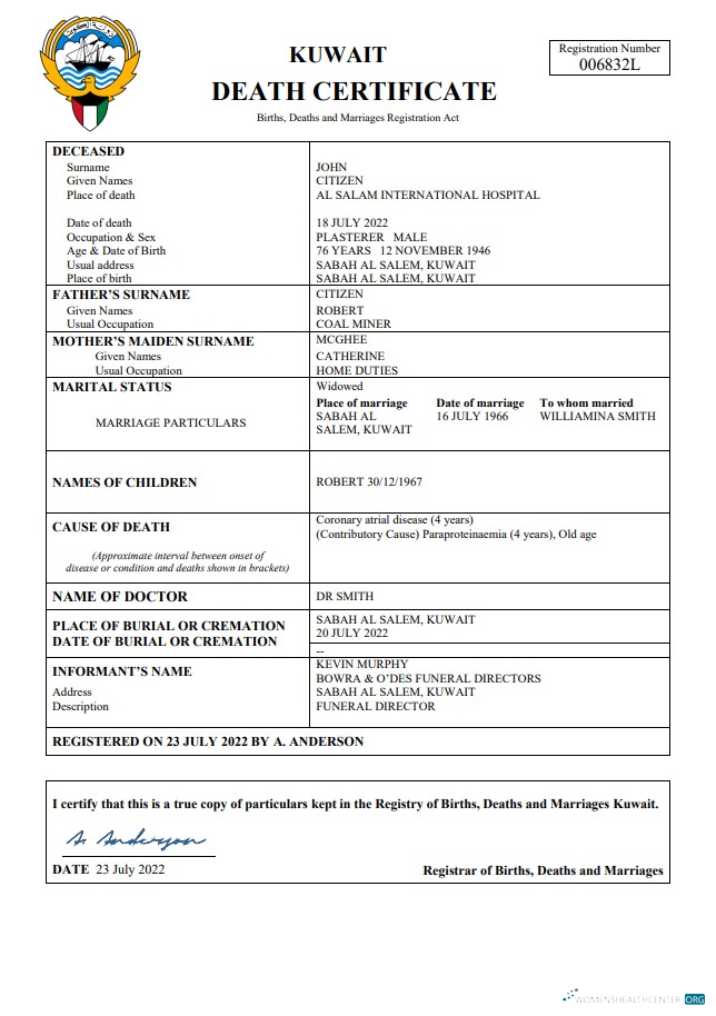 Премиум Скачать Кувейт Death Certificate Word и PDF Шаблон Photoshop Шаблон
