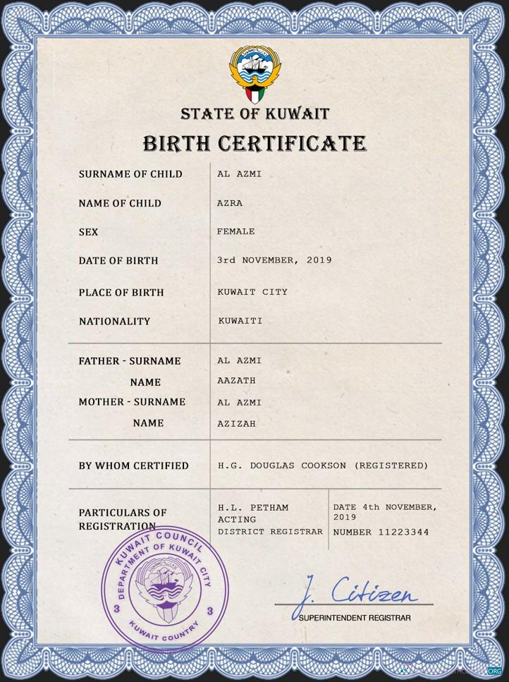 Редактируемый Скачать Кувейт Vital Record Birth Certificate PSD Шаблон Photoshop Шаблон