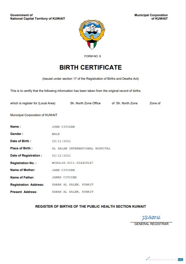 Качественный Скачать Кувейт Vital Record Birth Certificate Word и PDF Шаблон Photoshop Шаблон