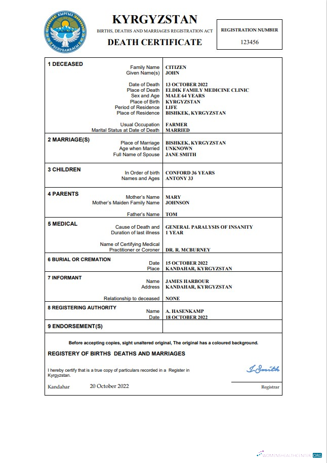 Реалистичный Скачать Киргизия Death Certificate Word и PDF Шаблон Photoshop Шаблон