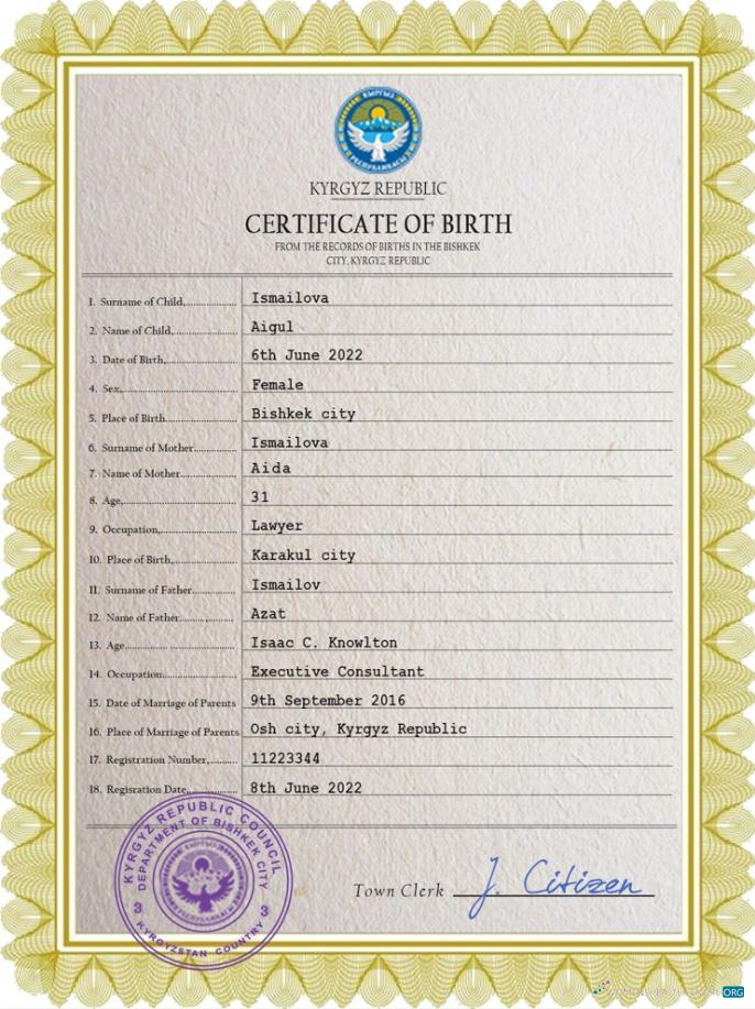 Реалистичный Скачать Киргизия Vital Record Birth Certificate PSD Шаблон Photoshop Шаблон