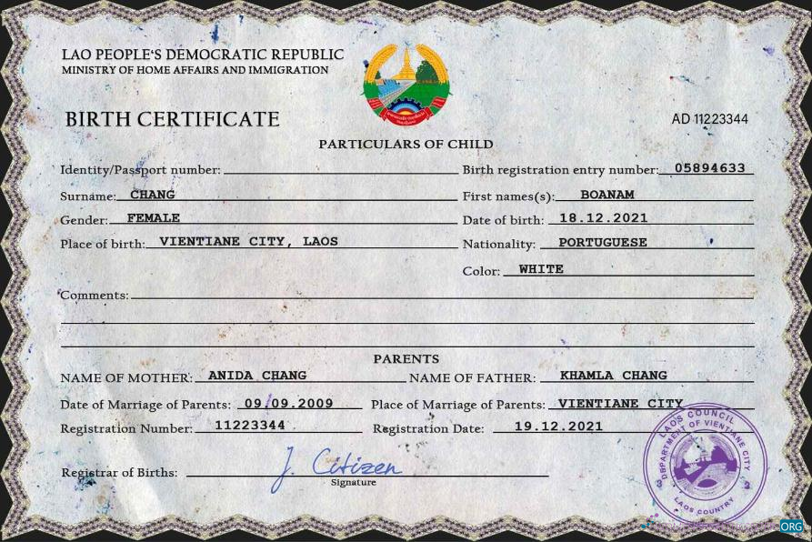 Редактируемый Скачать Лаос Birth Certificate PSD Шаблон Photoshop Шаблон