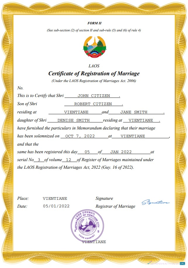 Качественный Скачать Лаос Marriage Certificate Word и PDF Шаблон Photoshop Шаблон