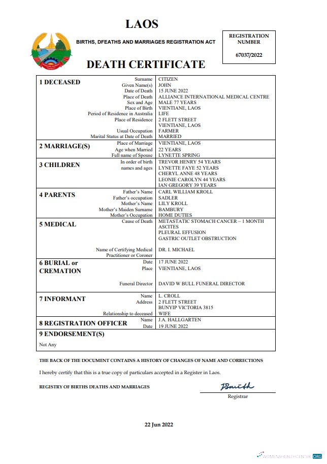 Редактируемый Скачать Лаос Vital Record Death Certificate Word и PDF Шаблон Photoshop Шаблон