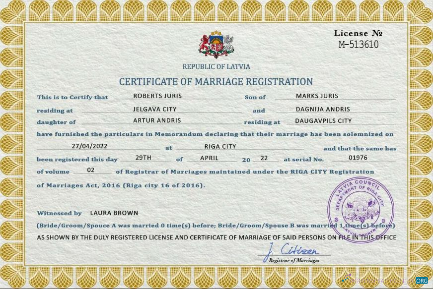 Качественный Скачать Латвия Marriage Certificate PSD Шаблон Photoshop Шаблон