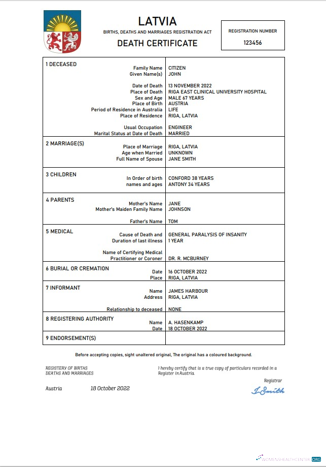 Премиум Скачать Латвия Vital Record Death Certificate Word и PDF Шаблон Photoshop Шаблон