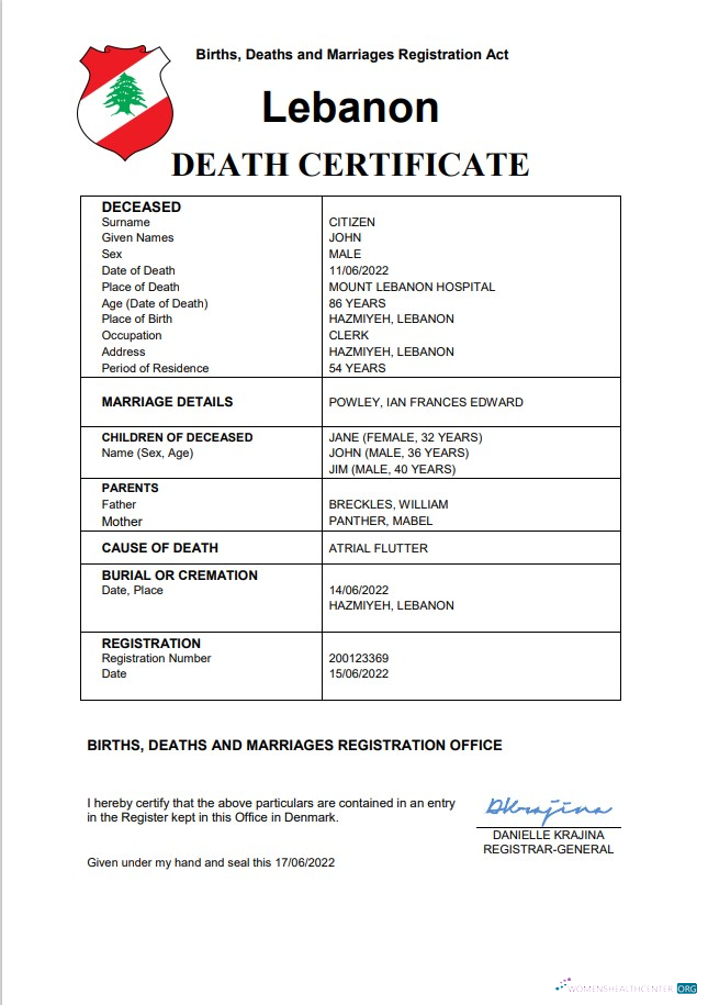Премиум Скачать Ливан Death Certificate Word и PDF Шаблон Photoshop Шаблон