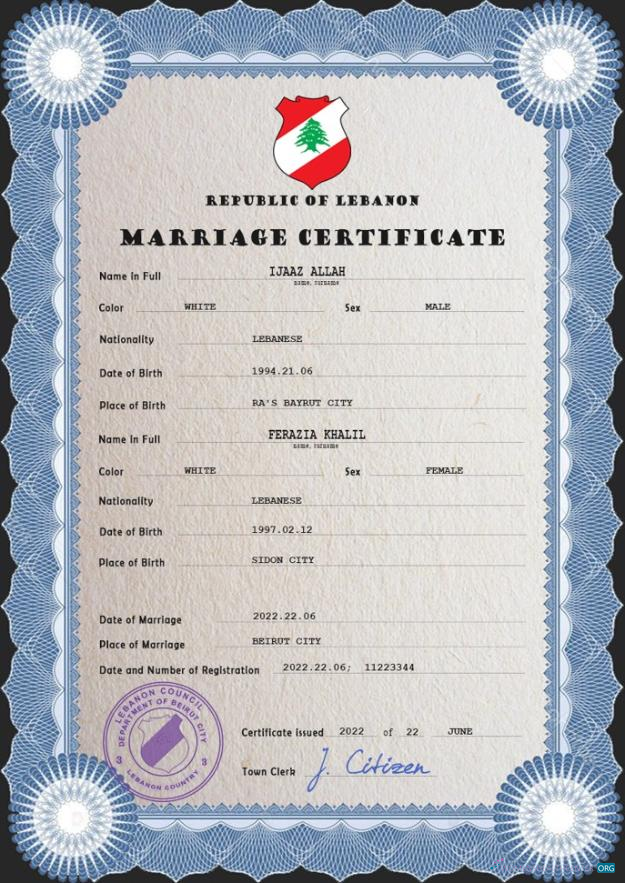 Редактируемый Скачать Ливан Marriage Certificate PSD Шаблон Photoshop Шаблон