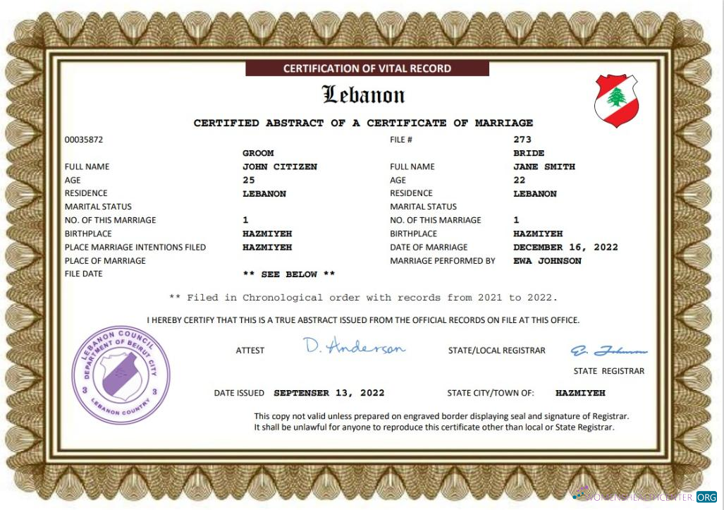 Качественный Скачать Ливан Marriage Certificate Word и PDF Шаблон Photoshop Шаблон