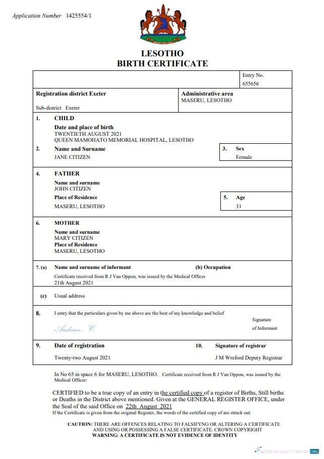 Премиум Скачать Лесото Birth Certificate Word и PDF Шаблон Photoshop Шаблон