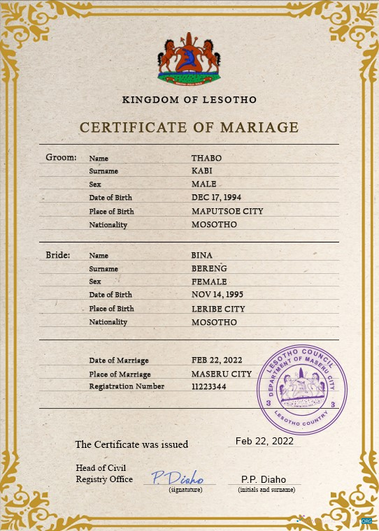 Премиум Скачать Лесото Marriage Certificate PSD Шаблон Photoshop Шаблон