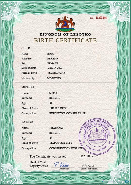 Премиум Скачать Лесото Vital Record Birth Certificate PSD Шаблон Photoshop Шаблон